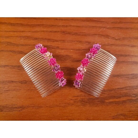 Hair Combs Barrettes Pink Floral Flowers Vintage Set Of 2 - Picture 4 of 4